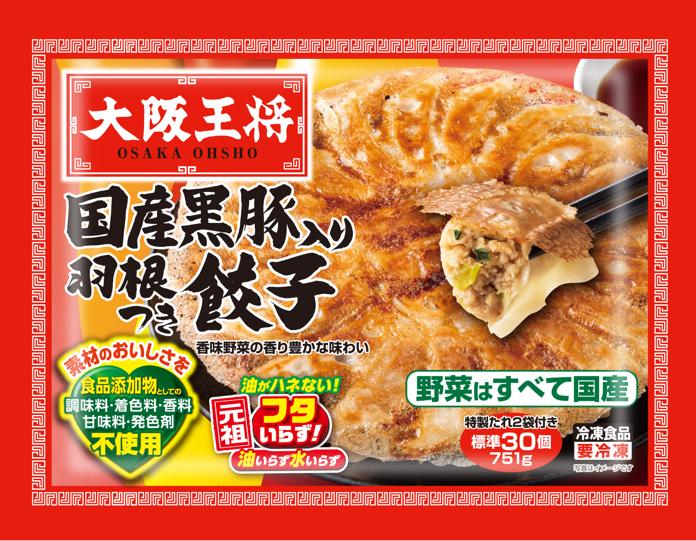 大阪王将　国産黒豚入り羽根つき餃子（標準30個、たれ2袋）
